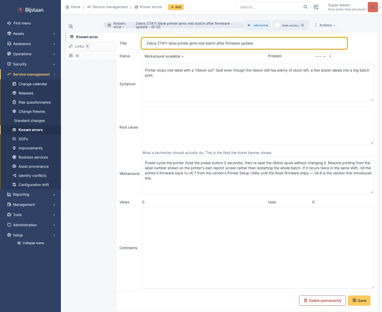 Known error form with its category/CI links tab