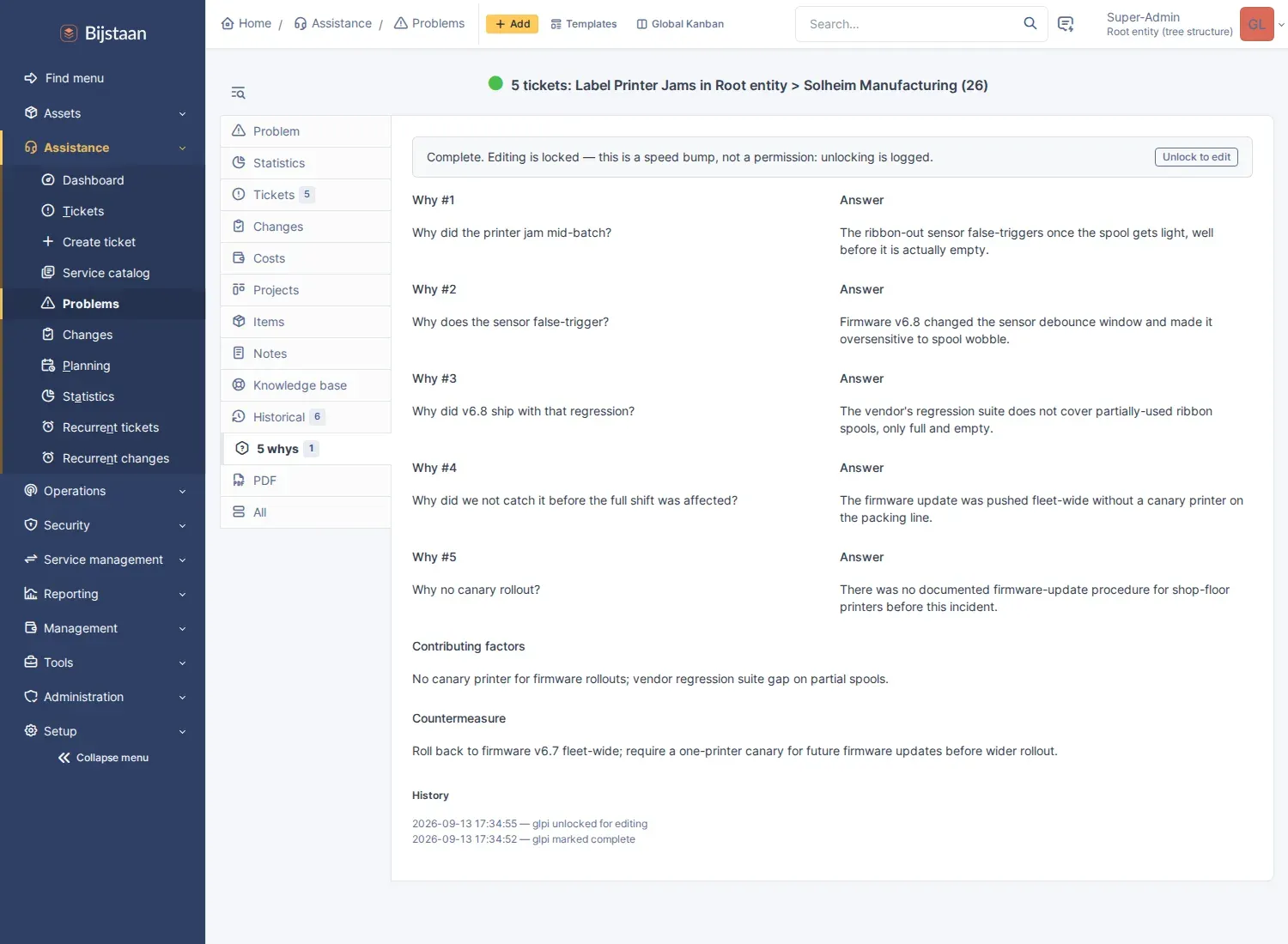 Completed, locked 5-whys with the unlock audit trail