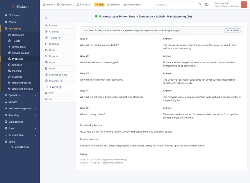 Completed, locked 5-whys with the unlock audit trail