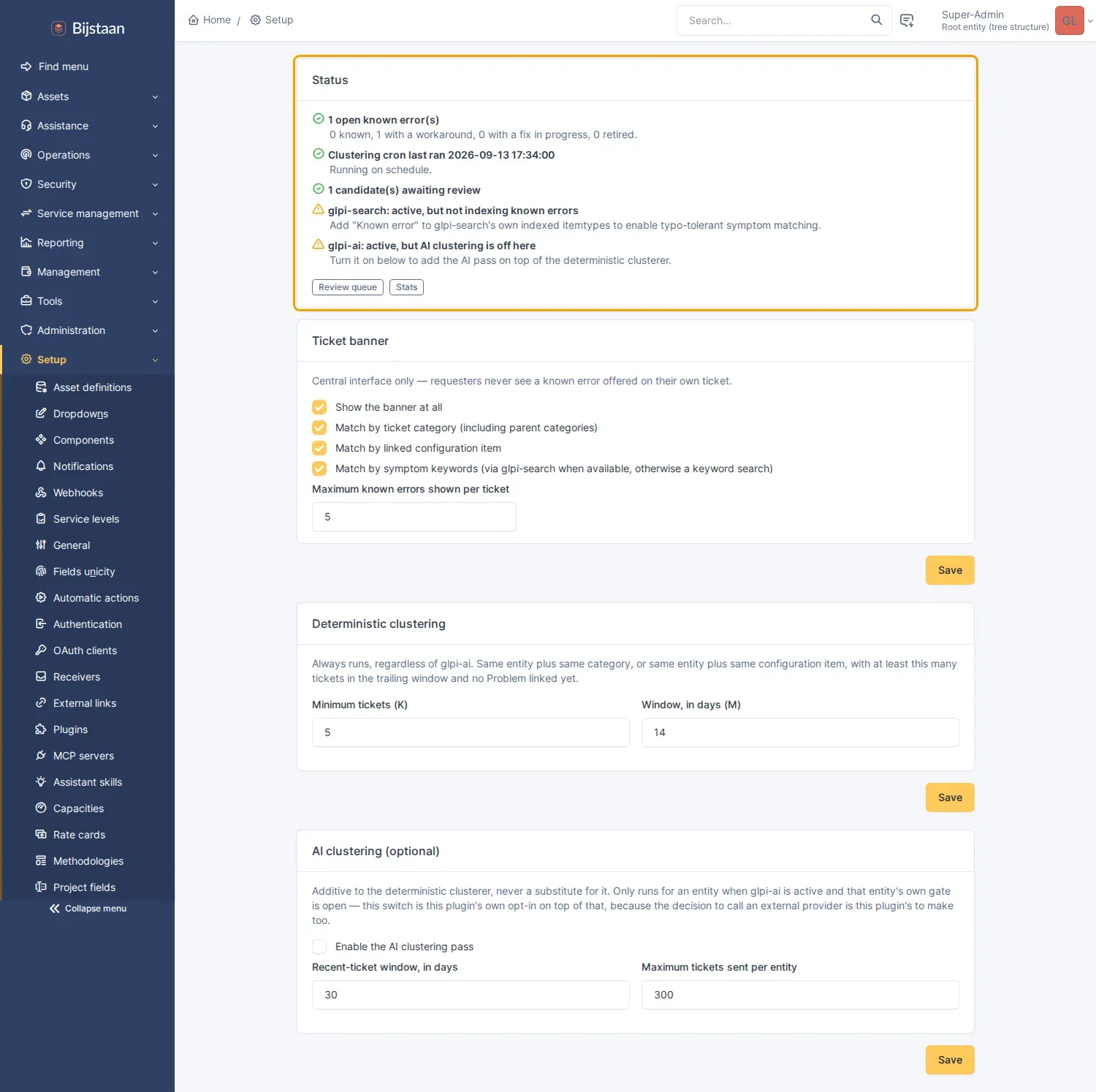 Settings page, status card first