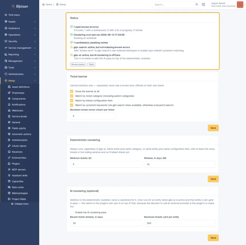 Settings page, status card first