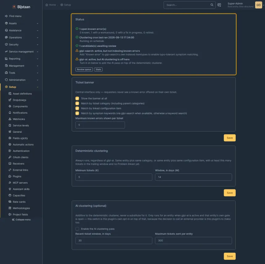 Settings page, status card first