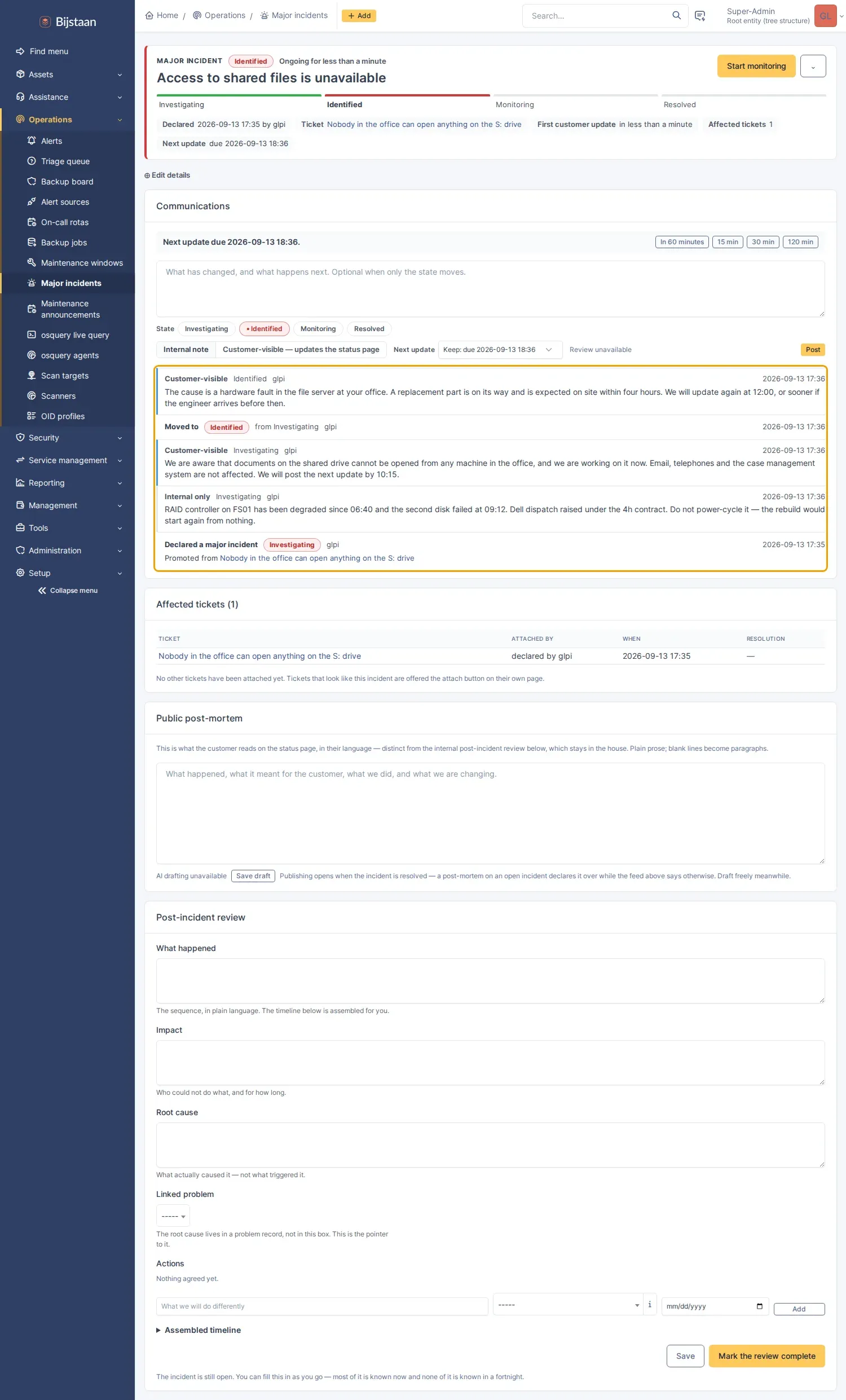 Incident feed, each entry labelled internal or public, state changes interleaved
