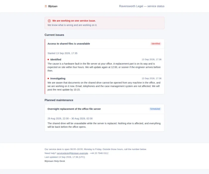 Published status page: one open issue with its update history, a planned maintenance window, the support contact