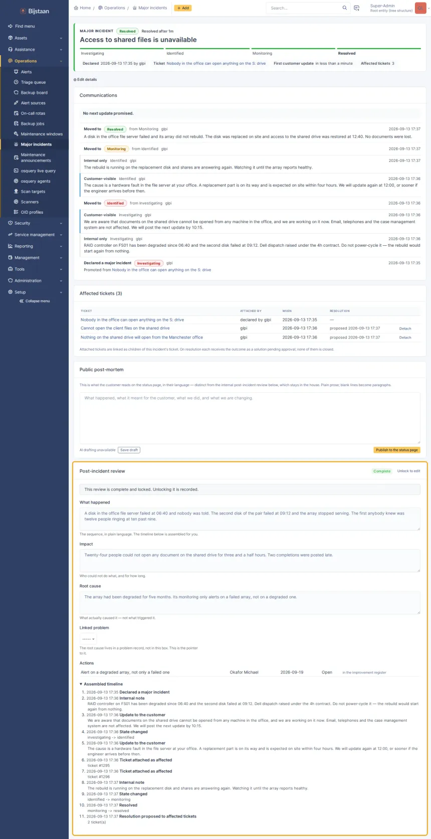 A completed and locked post-incident review, with its assembled timeline and one agreed action