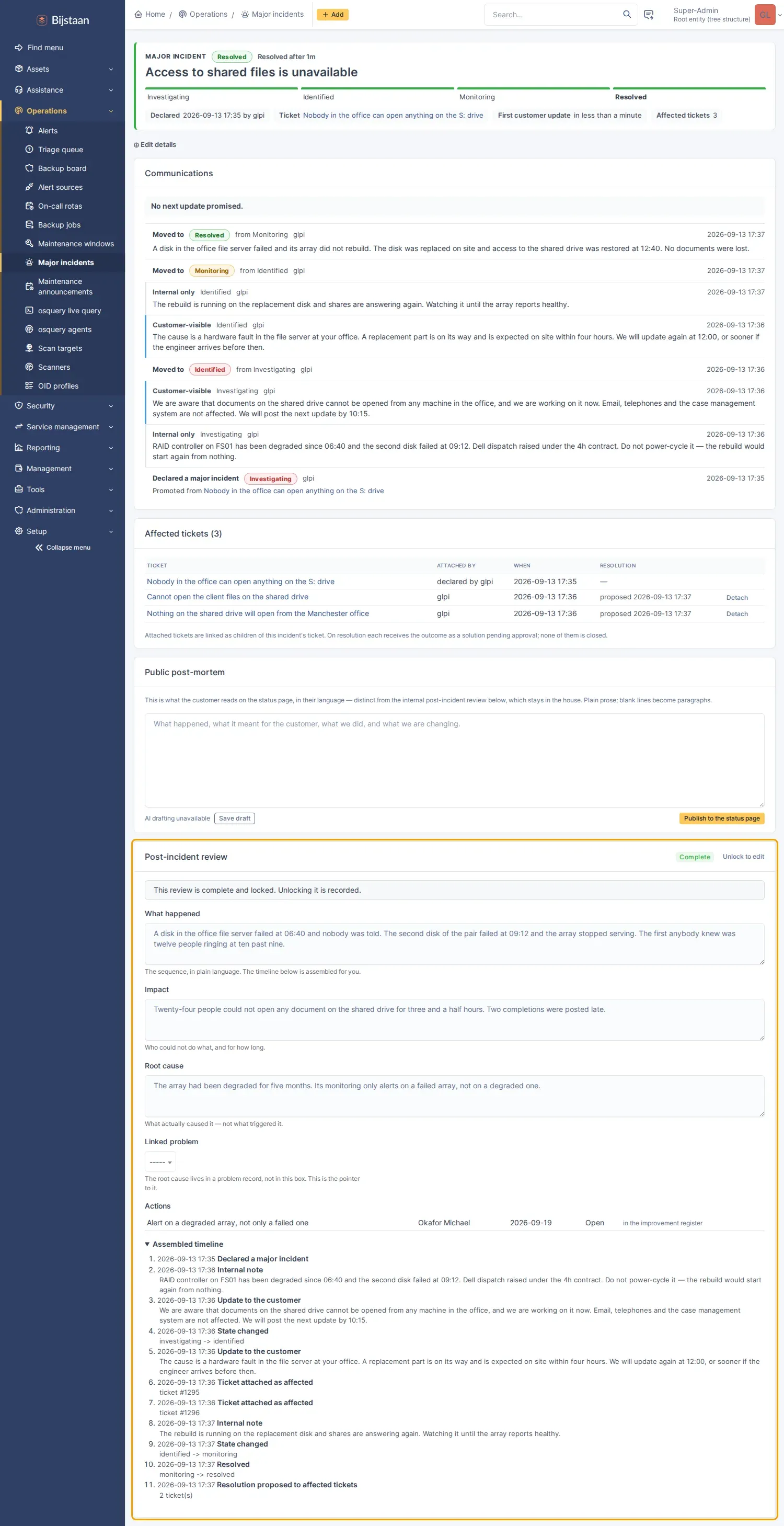 A completed and locked post-incident review, with its assembled timeline and one agreed action