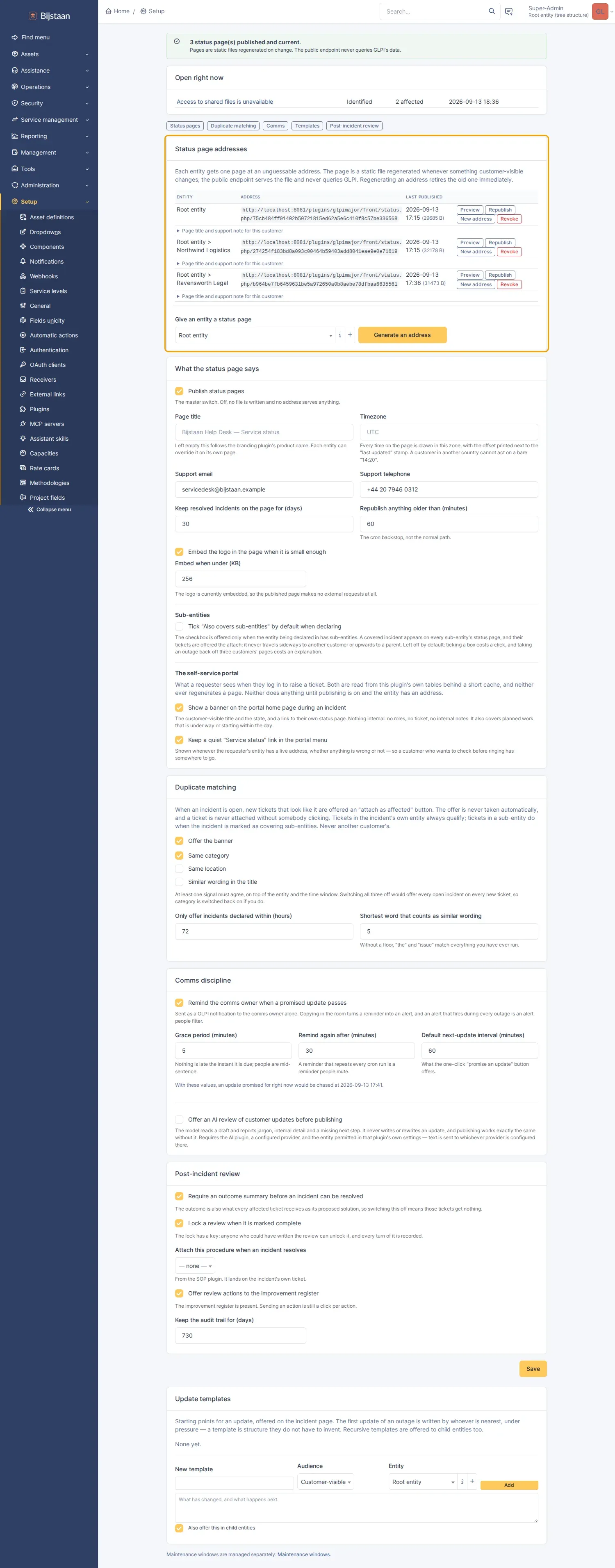 Settings page: status-page addresses, page content, duplicate matching, comms discipline, the review