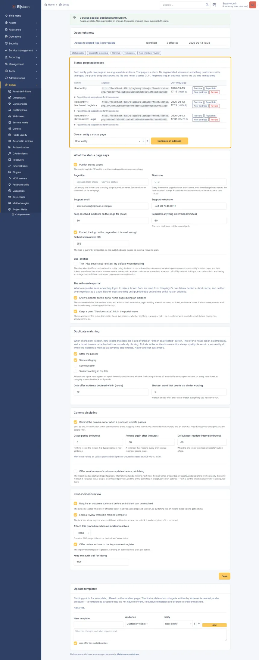 Settings page: status-page addresses, page content, duplicate matching, comms discipline, the review