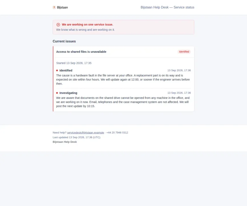 The Manchester office's status page carrying the incident declared at the firm above it