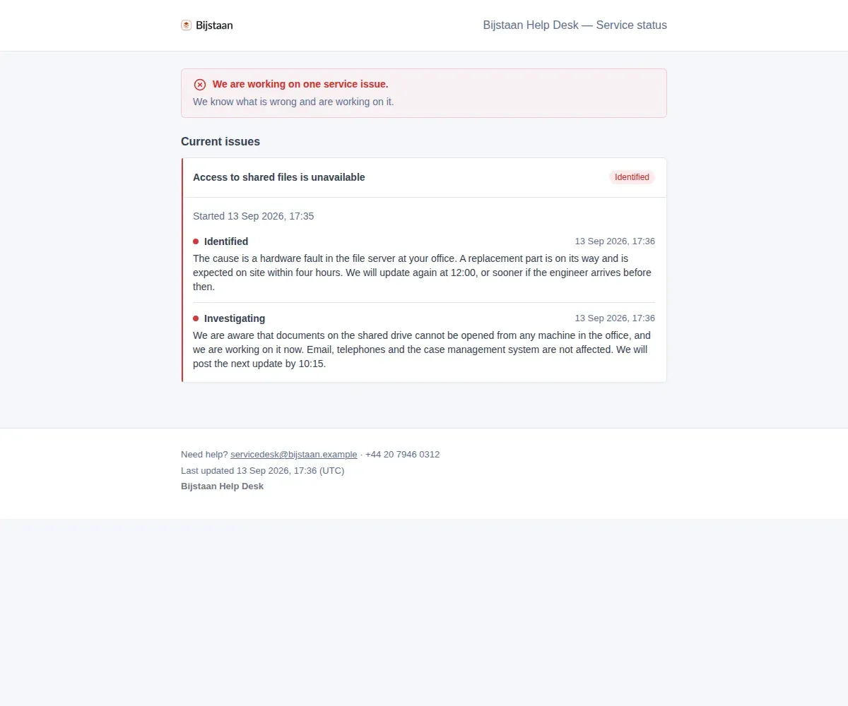 The Manchester office’s status page carrying the incident declared at the firm above it