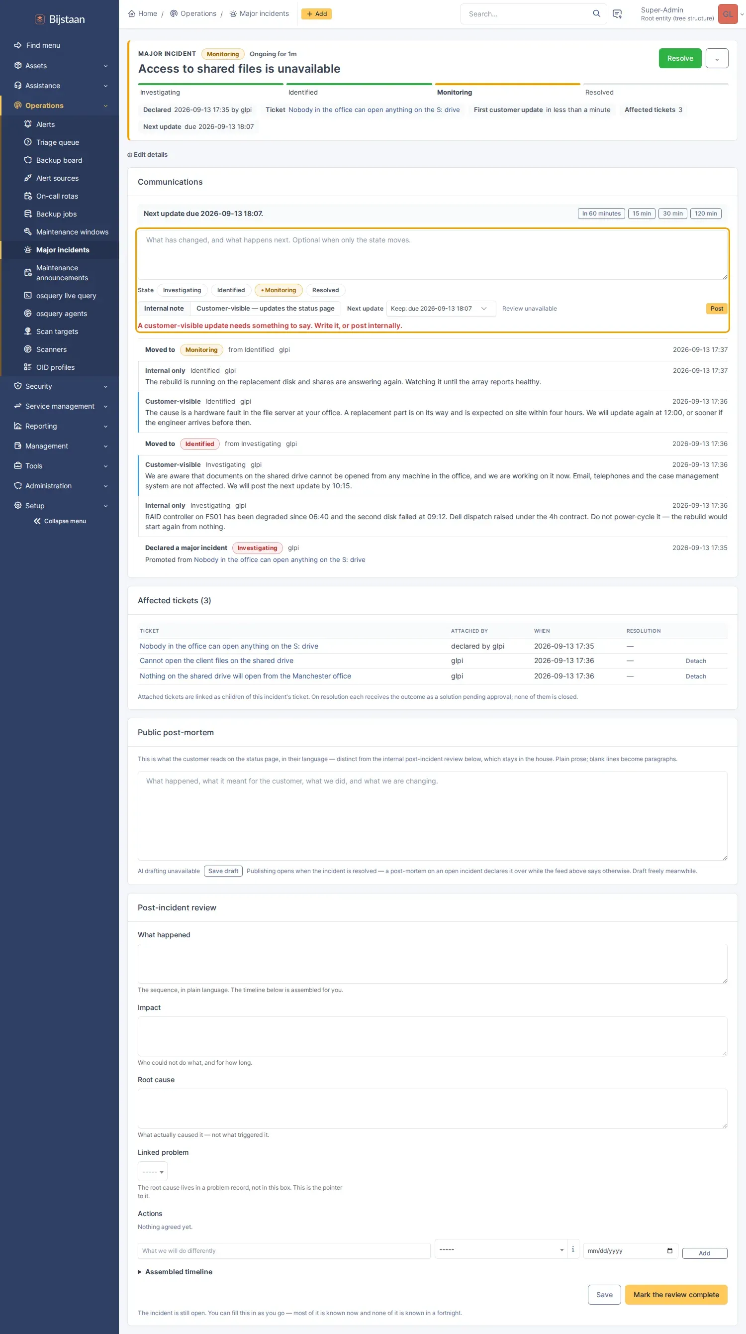 The composer posting a note, a state change and a next-update promise in one go