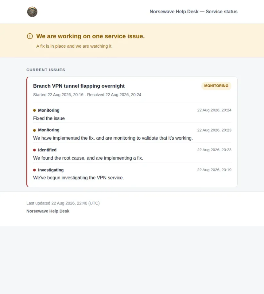 Major-incident mode for GLPI 11, and a public status page.