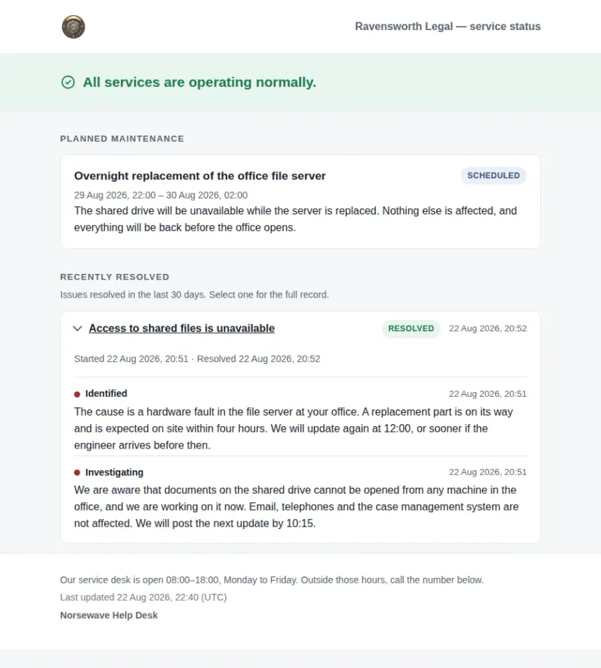 Major-incident mode for GLPI 11, and a public status page.