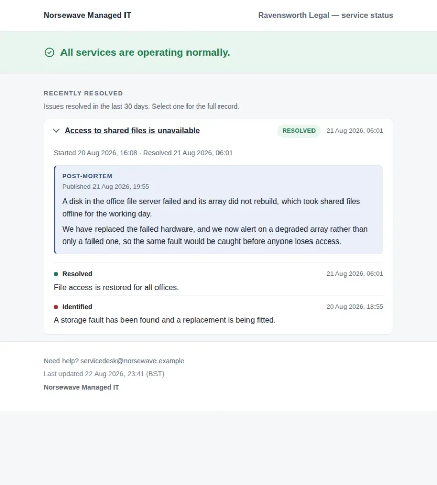 Major-incident mode for GLPI 11, and a public status page.