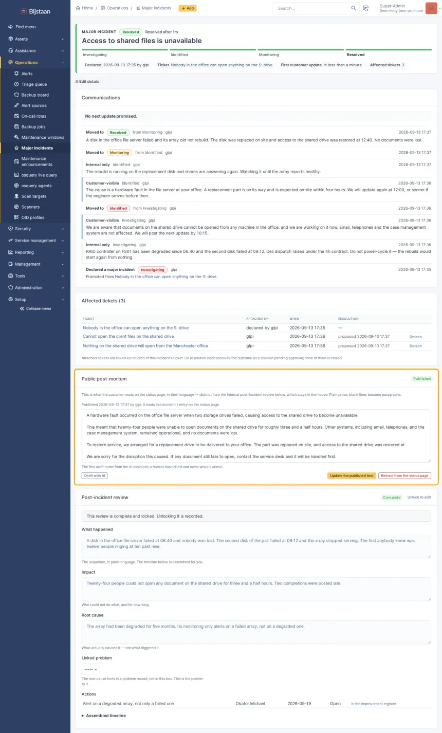 Major-incident mode for GLPI 11, and a public status page.