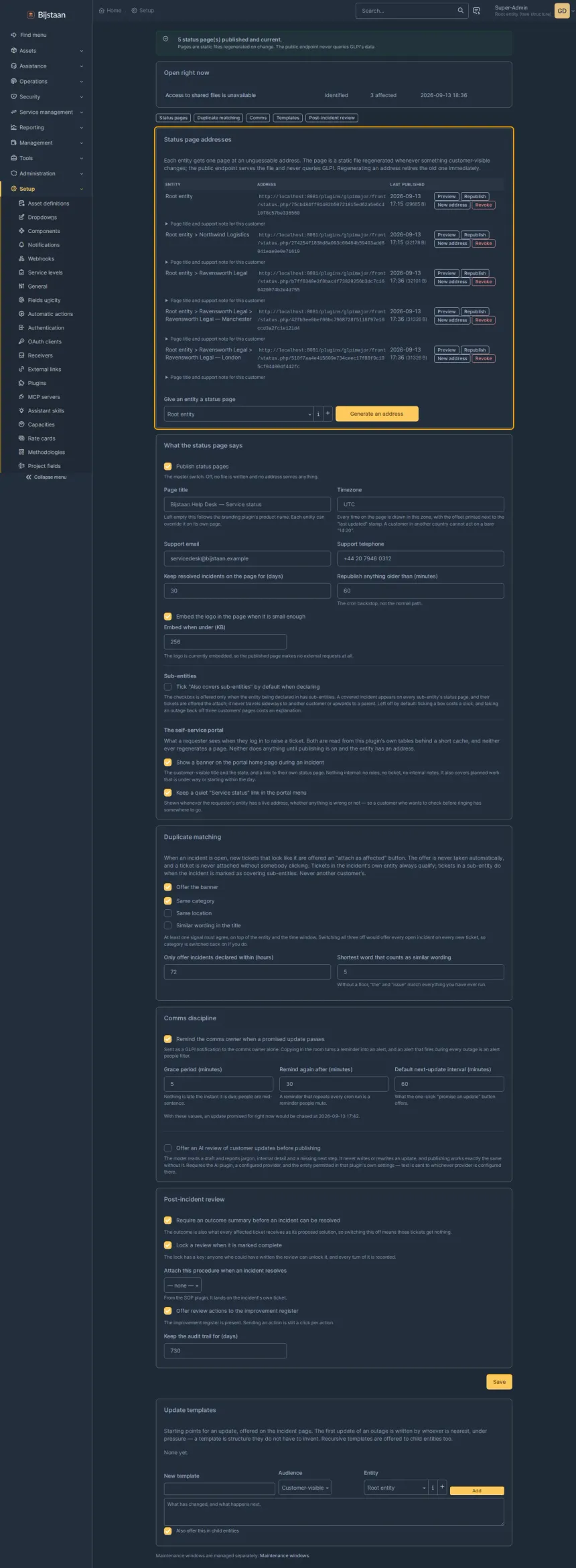 Settings page: status-page addresses, page content, duplicate matching, comms discipline, the review