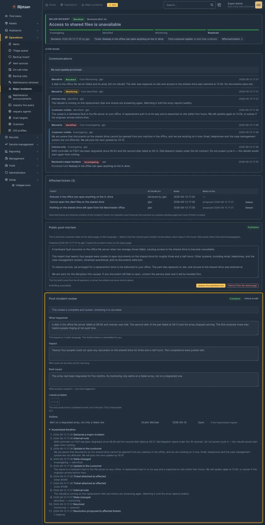 A completed and locked post-incident review, with its assembled timeline and one agreed action