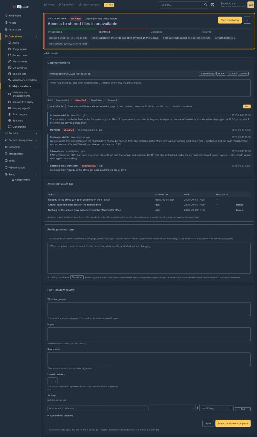 War-room cockpit: title, state pill, ongoing-for, progression strip, stat chips, next-transition button