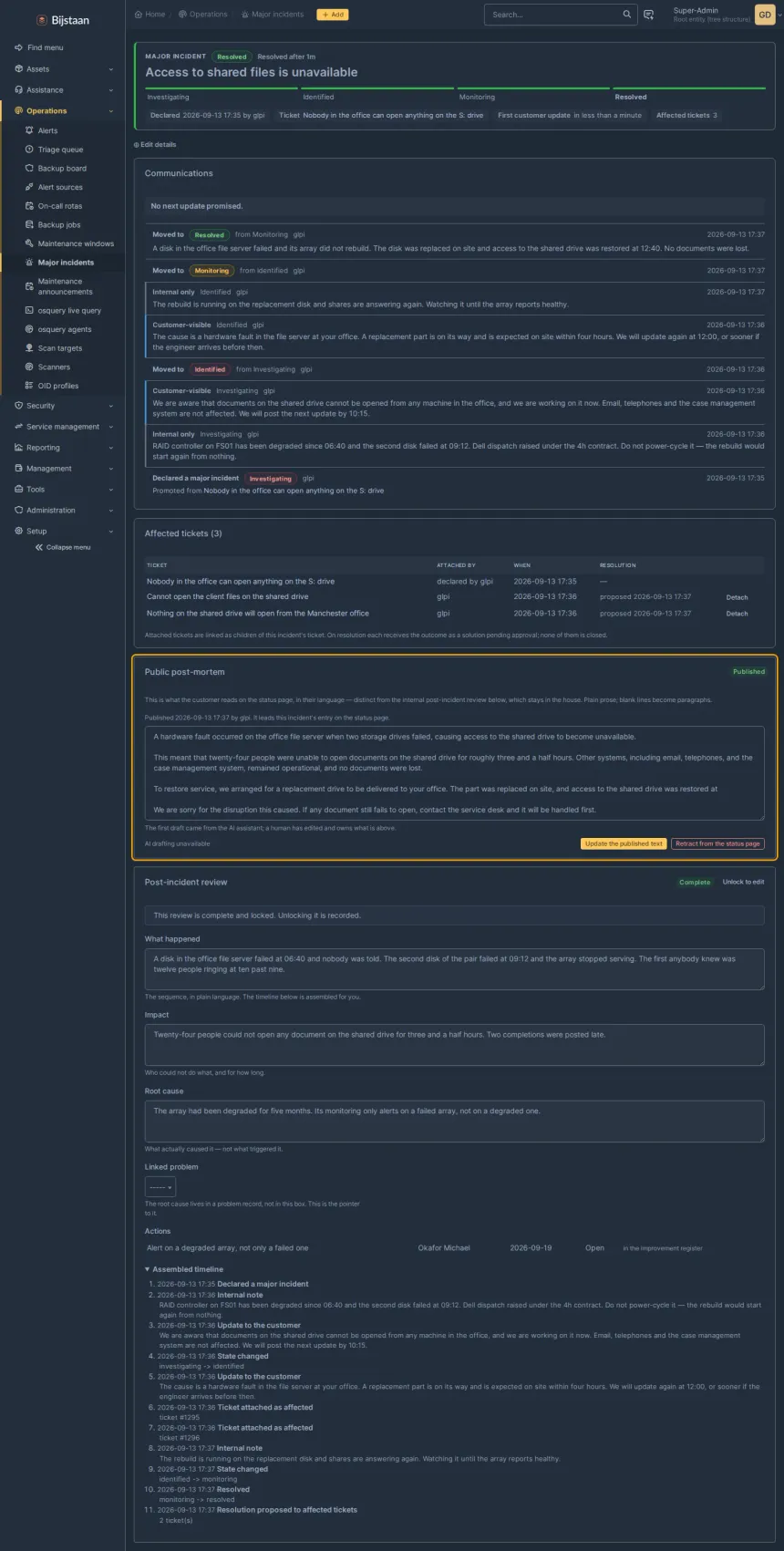 Major-incident mode for GLPI 11, and a public status page.