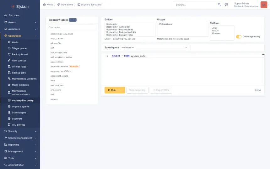 A replacement for GLPI 11’s native Inventory and Agent, built on osquery, with live queries across the fleet.