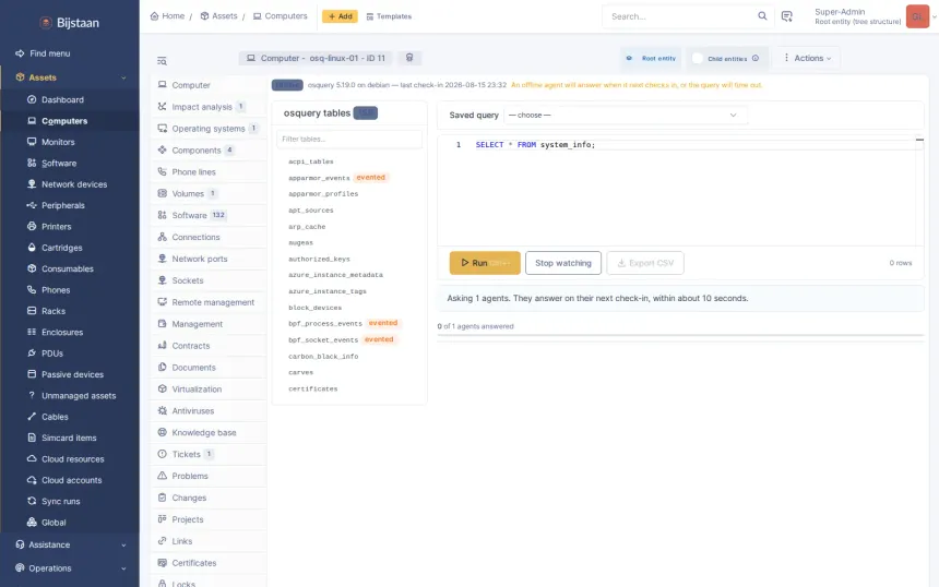 A replacement for GLPI 11’s native Inventory and Agent, built on osquery, with live queries across the fleet.