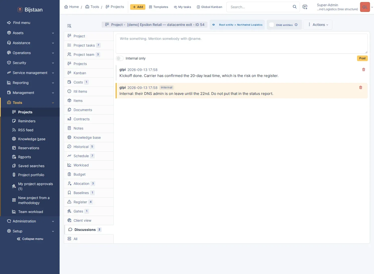 A project thread, with an internal note marked as one