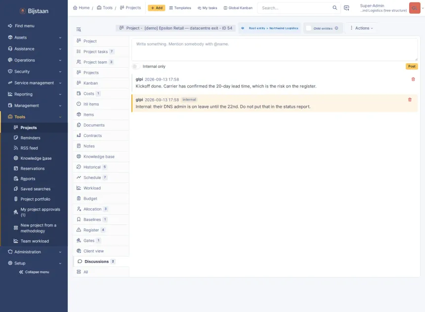 A project thread, with an internal note marked as one