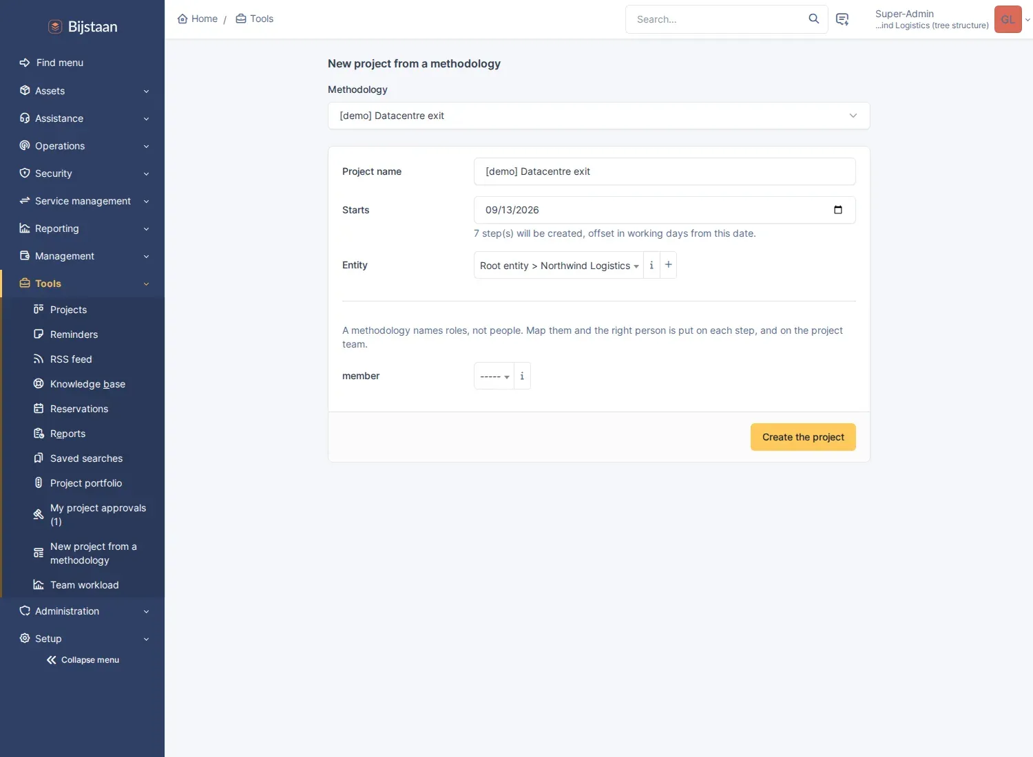 Instantiating a captured methodology against a start date, mapping roles to people