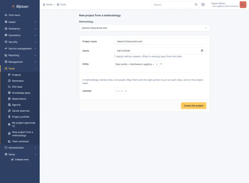 Instantiating a captured methodology against a start date, mapping roles to people