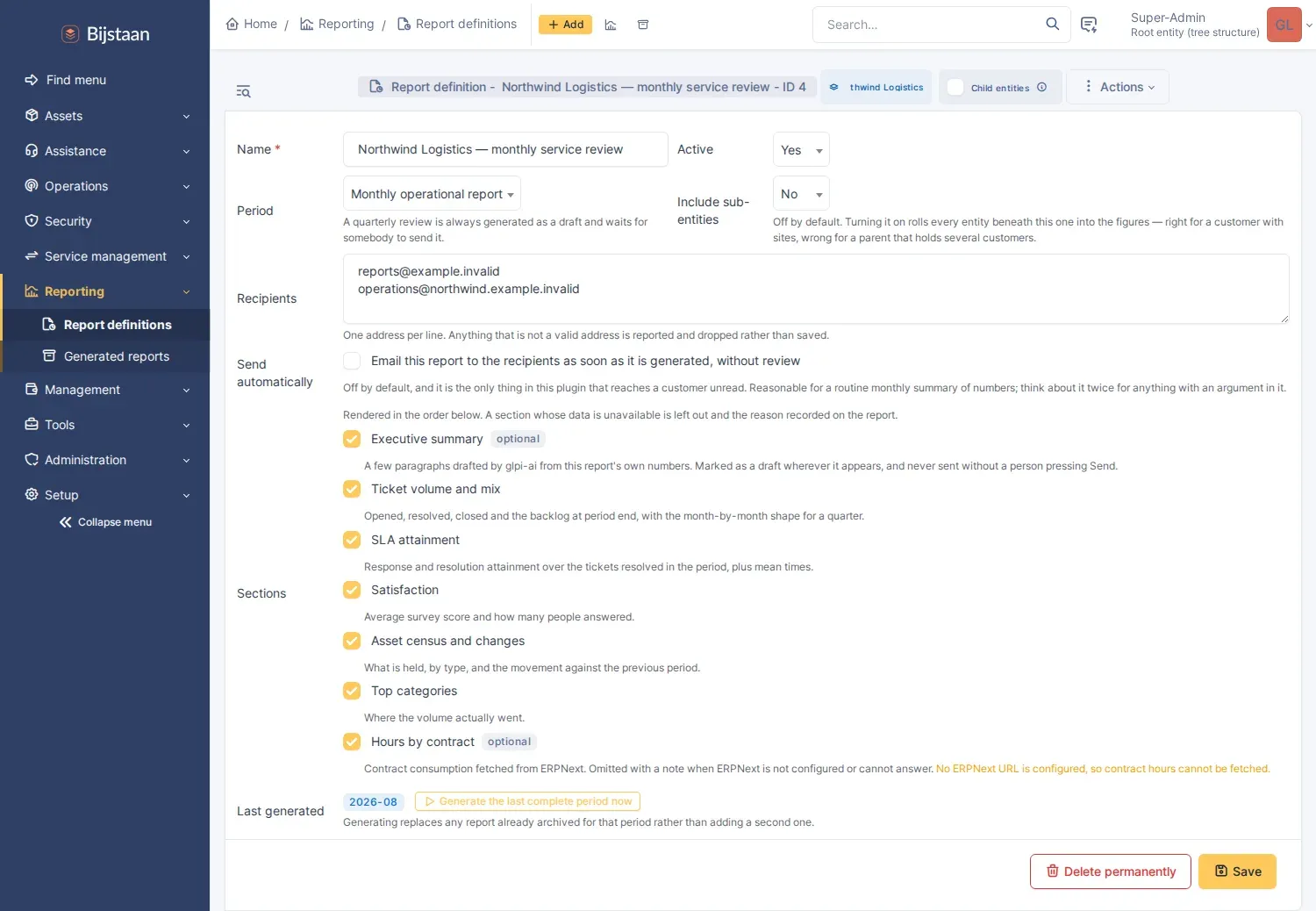 Report definition: name, cadence, sub-entity scope, recipients, the auto-send checkbox with its warning, and the ordered section list