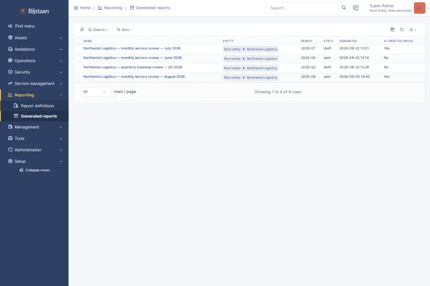 Archive list: three generated reports with period, state, generation time and whether any prose was AI-drafted