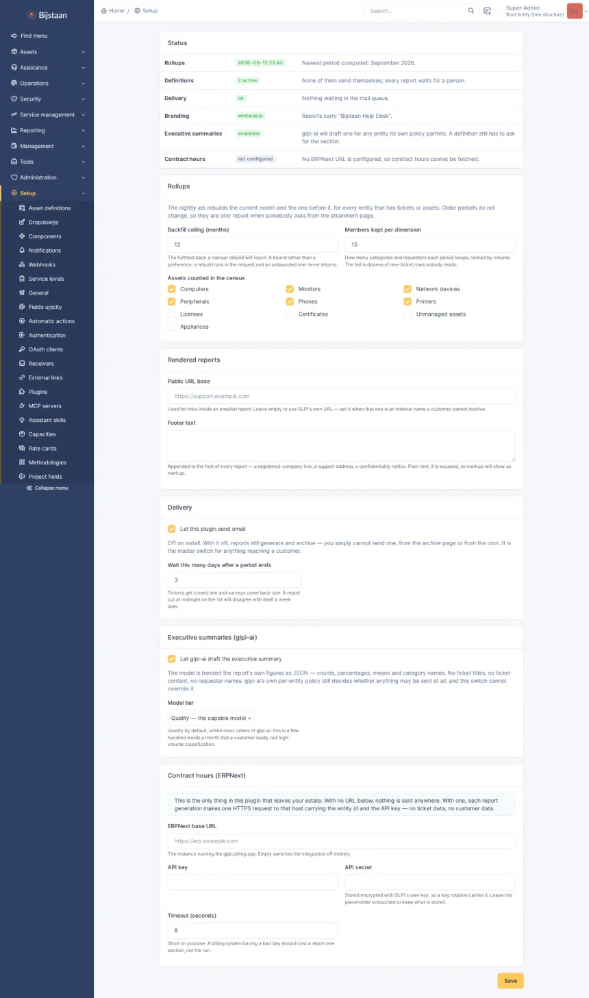 Settings page: status card, then one card per group