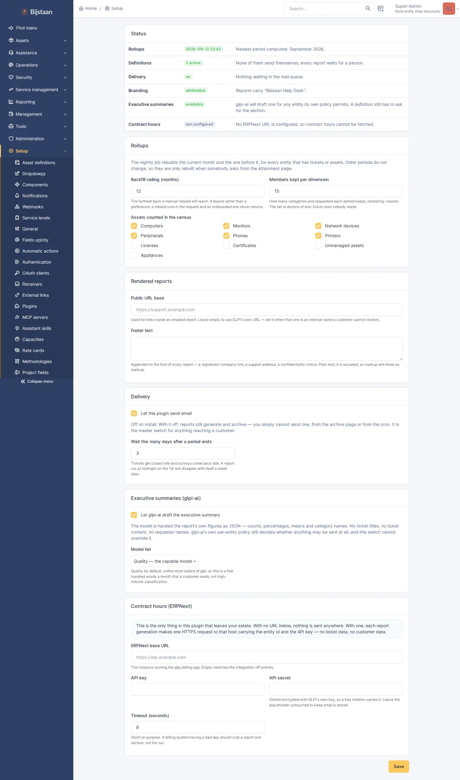 Settings page: status card, then one card per group