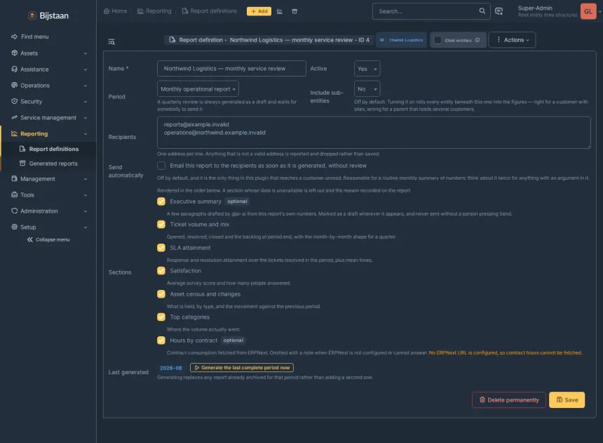 Report definition: name, cadence, sub-entity scope, recipients, the auto-send checkbox with its warning, and the ordered section list