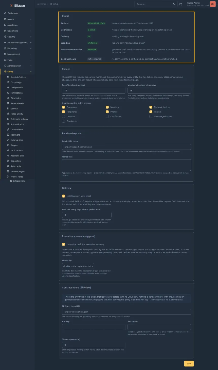 Settings page: status card, then one card per group