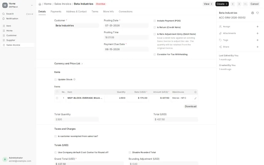 An ERPNext app turning work recorded in GLPI into draft Sales Invoices, across seven MSP contract models.