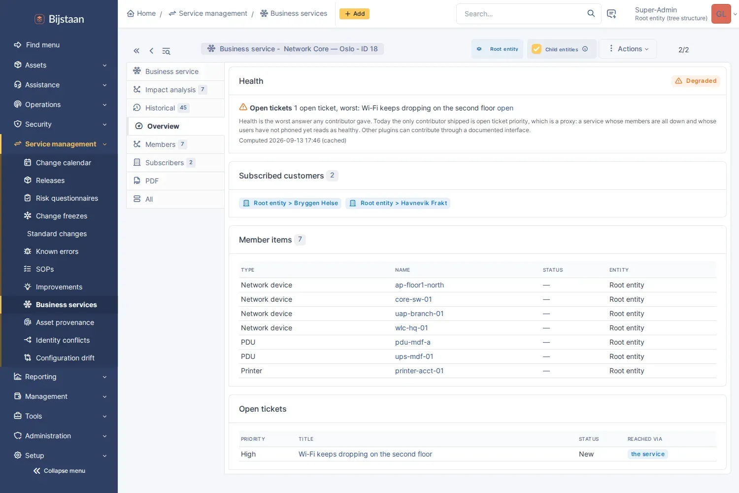 Service page: health and why, subscribed entities, member CIs, and open tickets with the route each took