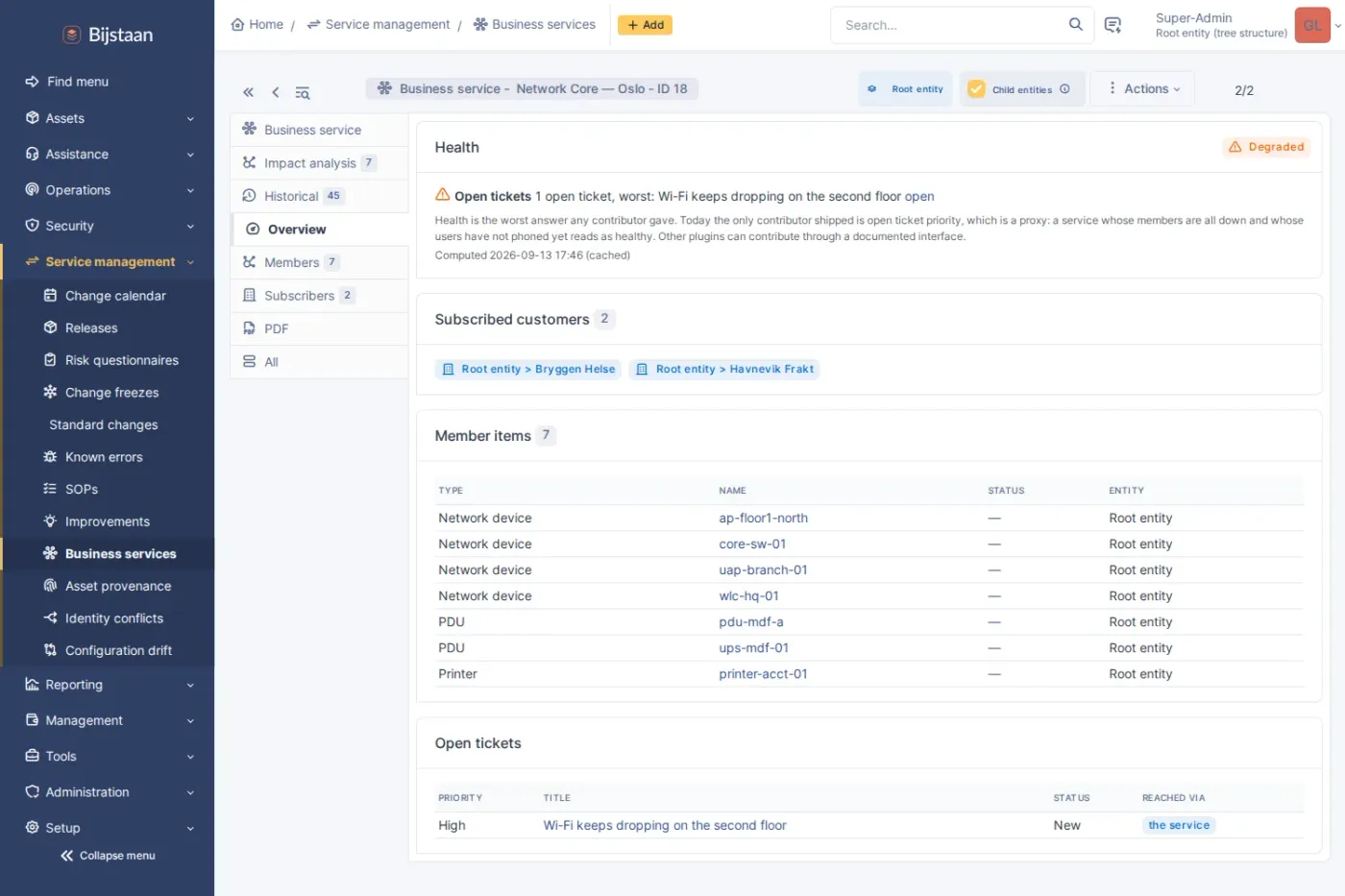Service page: health and why, subscribed entities, member CIs, and open tickets with the route each took