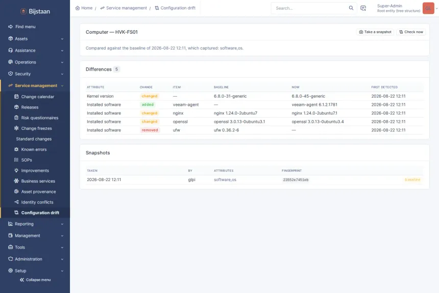 One machine's drift after a patch window: two upgrades as single changed rows, one package added, one removed