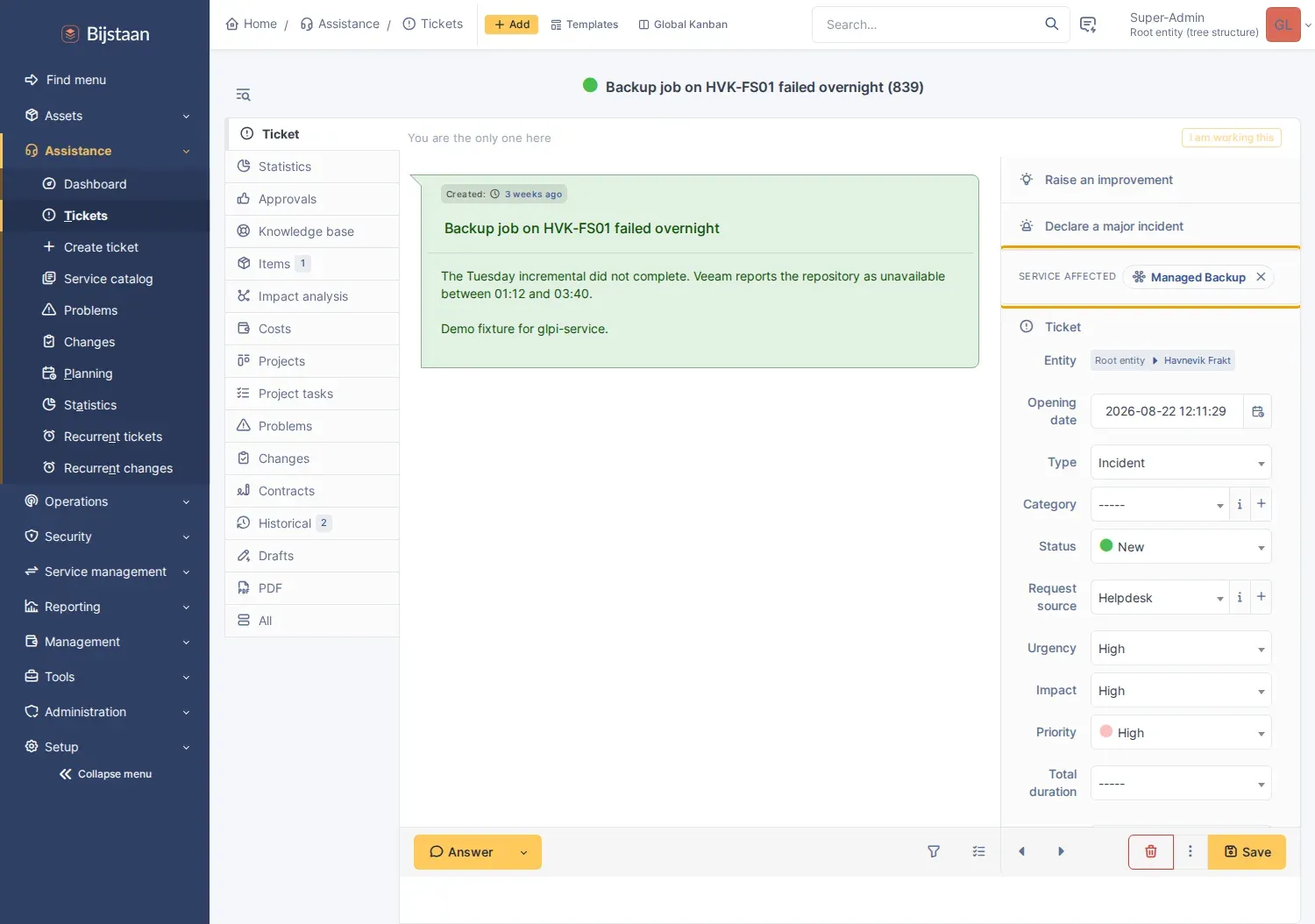 The affected-service strip offering one suggested service with accept and dismiss