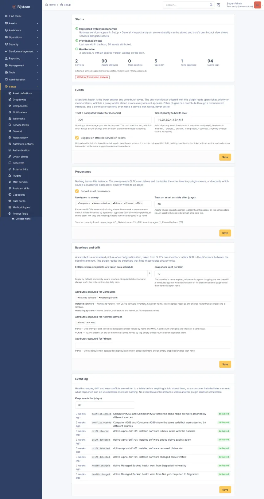 Settings page: status card, then one card and one Save per concern