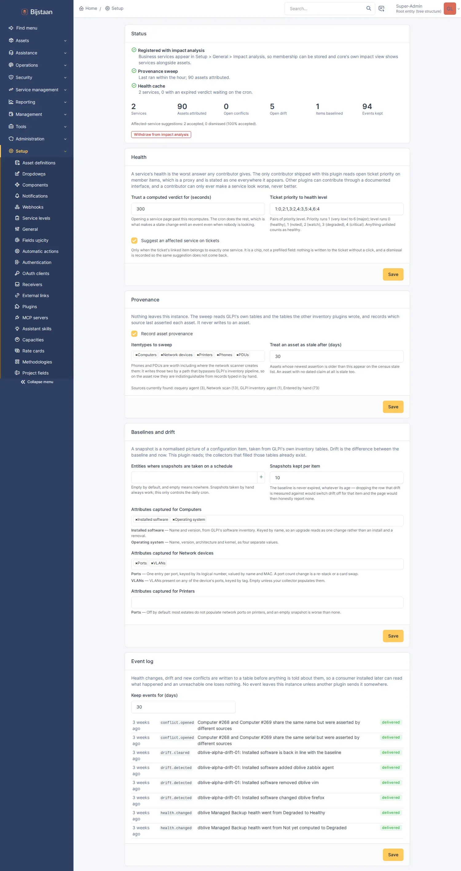 Settings page: status card, then one card and one Save per concern