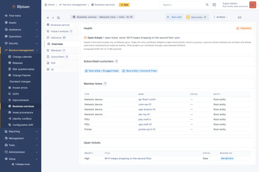 The services people actually depend on, mapped over your CMDB — and a record of where everything in it came from.