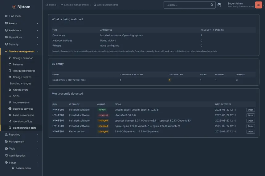 One machine's drift after a patch window: two upgrades as single changed rows, one package added, one removed