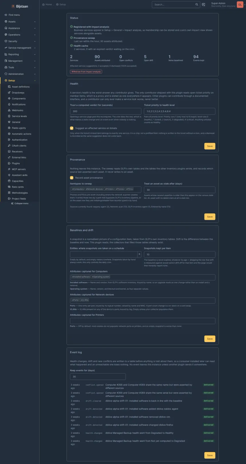 Settings page: status card, then one card and one Save per concern