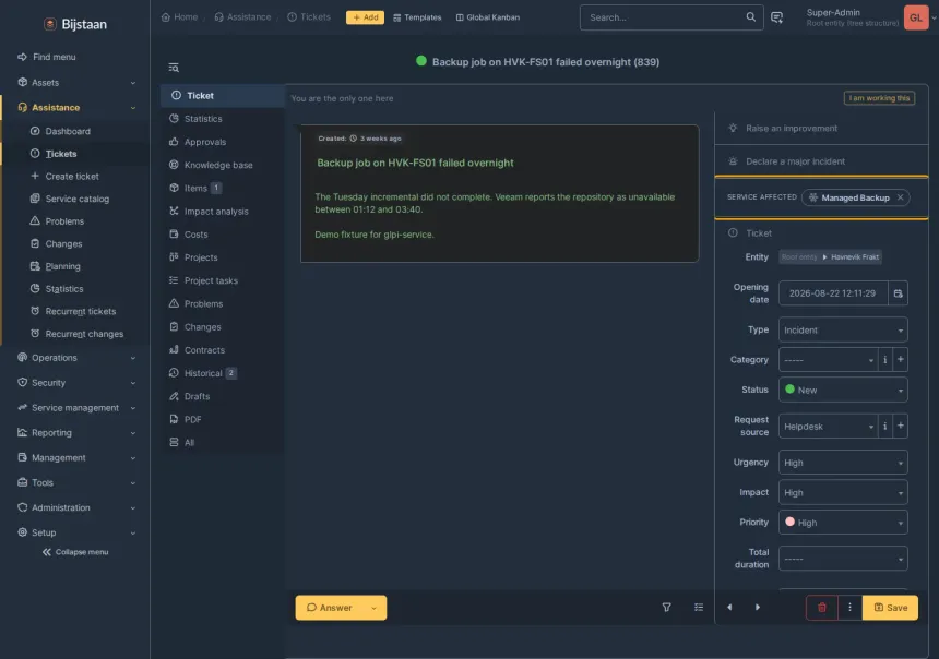 The affected-service strip offering one suggested service with accept and dismiss