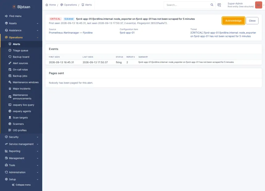 One alert: matched CI, the ticket it cut, folded events, paging record, Acknowledge
