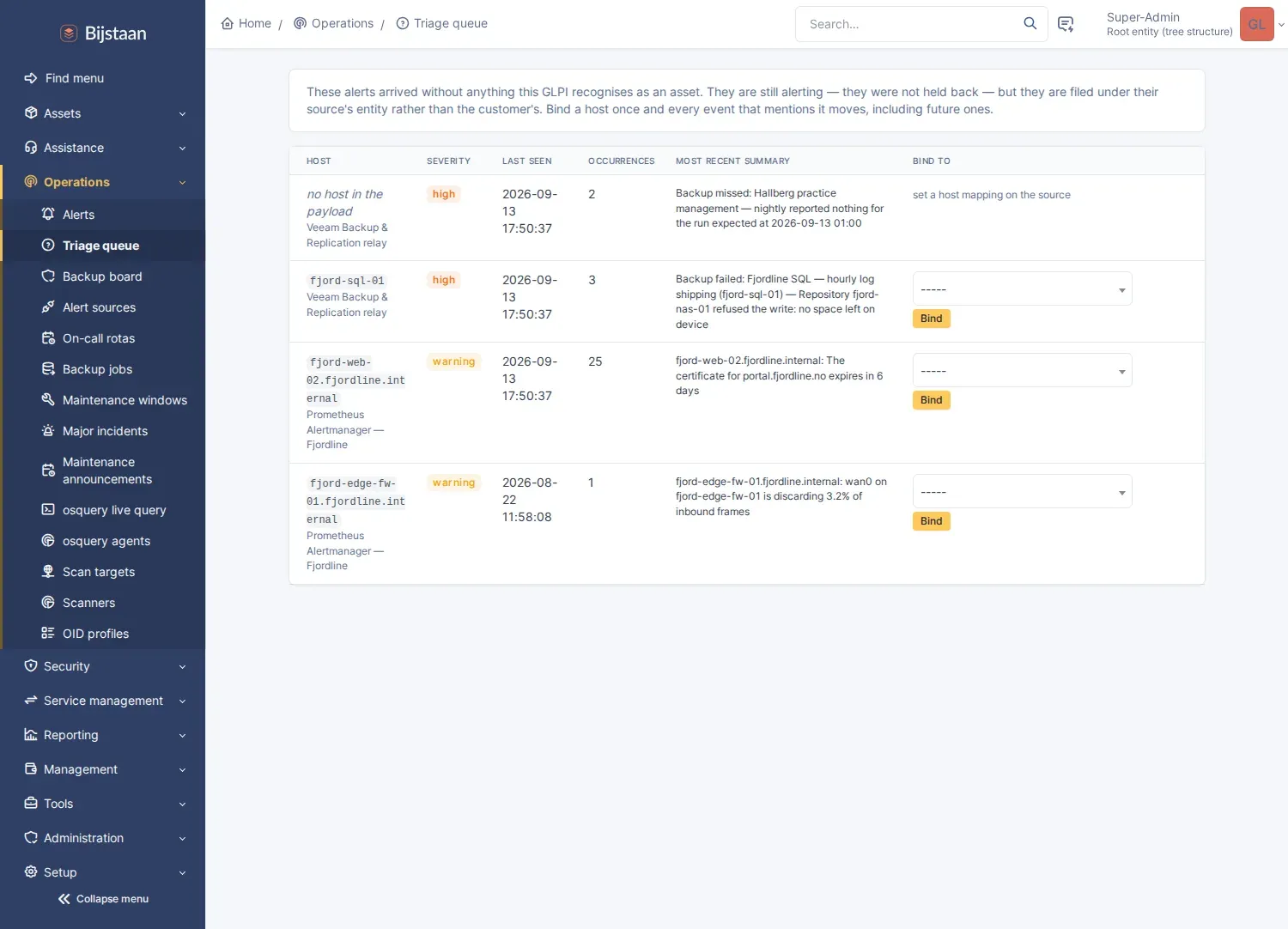 Triage queue grouped by host