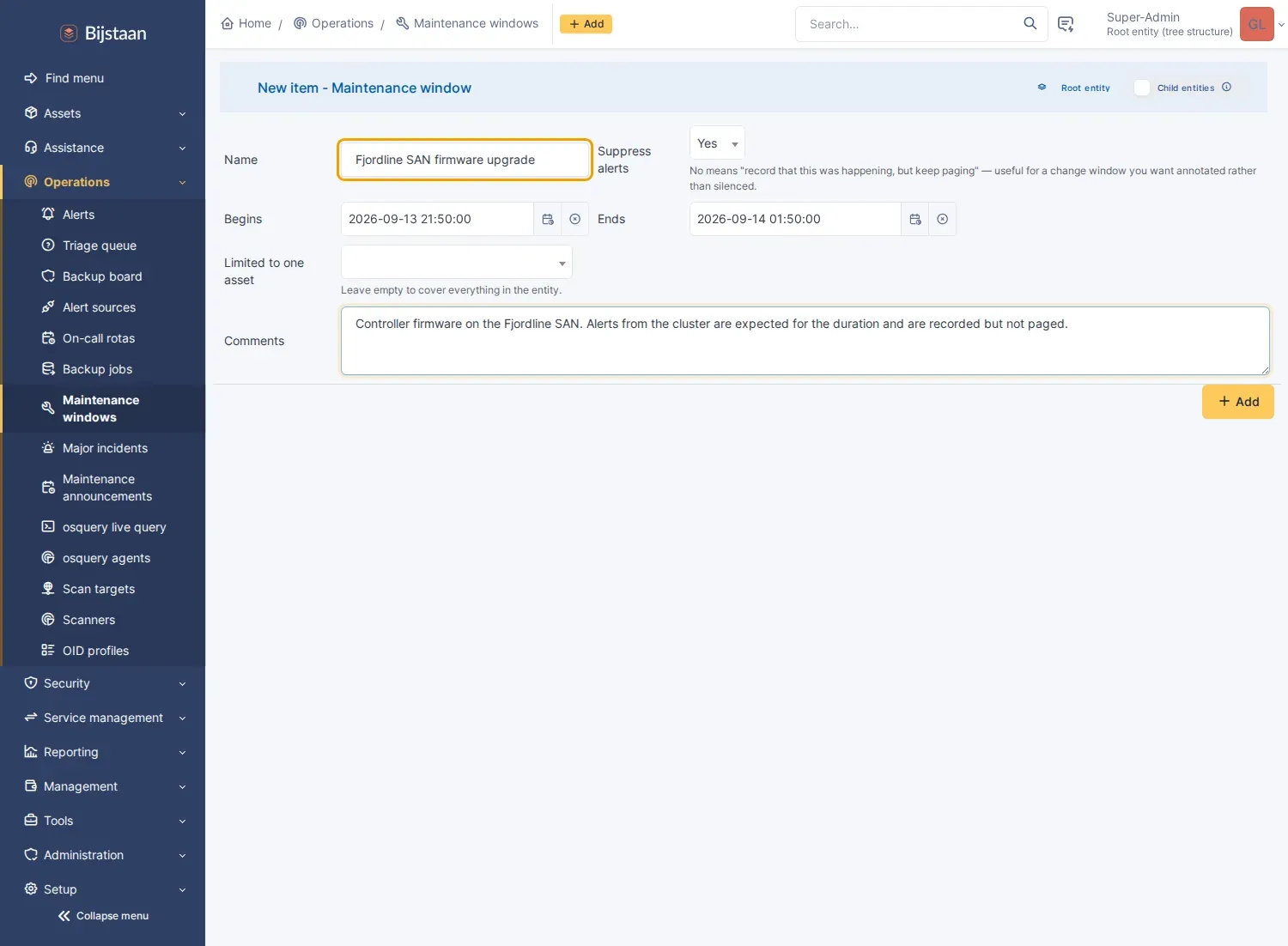 Maintenance window with a Suppress switch that can be off, to annotate without silencing