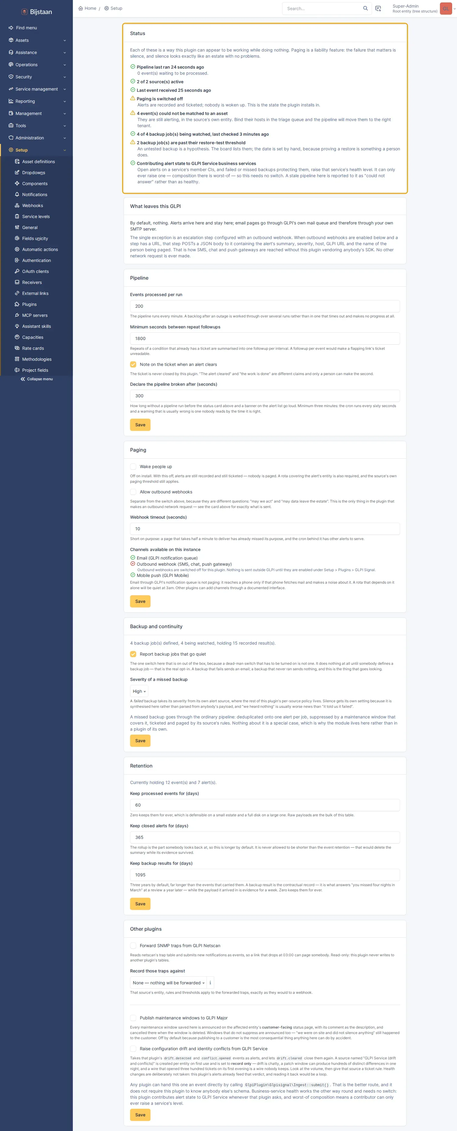 Settings status card: heartbeat, active sources, last event, paging state, untested backups